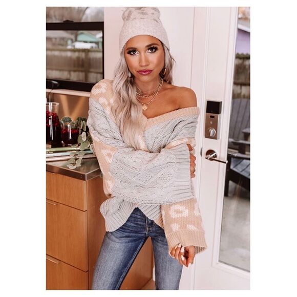 COPY - V-neck Sweater in Camel and Dove Gray - Picture 2 of 12